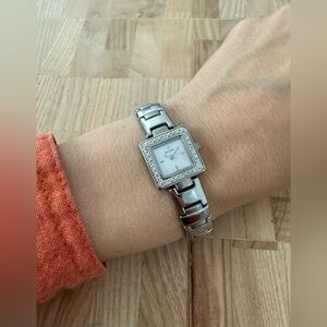 Dainty Bulova ladies square silver tone watch NEW BATTERY